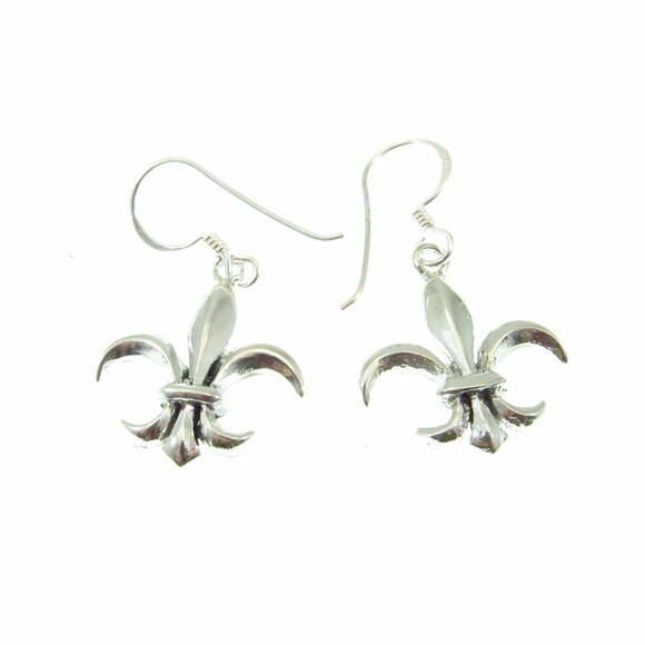 Solid 925 Sterling Silver Fleur-De-Lis Drop Dangle Hook Earrings - French Symbol - Picture 4 of 9